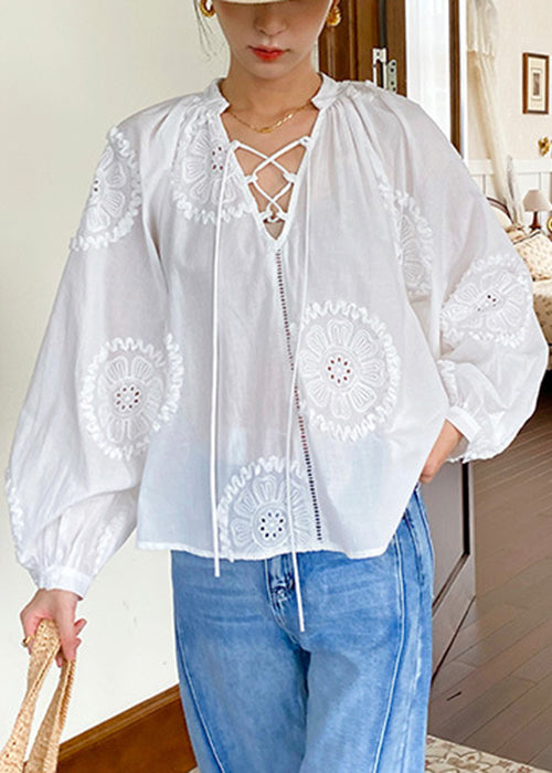 Up White Out Lace Cotton Embroidered Hollow Blouses