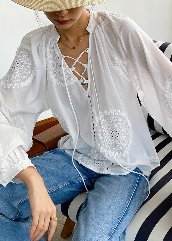 Up White Out Lace Cotton Embroidered Hollow Blouses