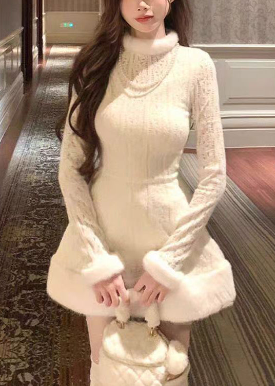 White Fur Collar Coat and Dress Fluffy Two Pieces Set Flare Sleeve Yw004