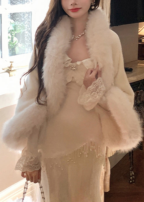 White Fur Collar Coat and Dress Fluffy Two Pieces Set Flare Sleeve Yw004
