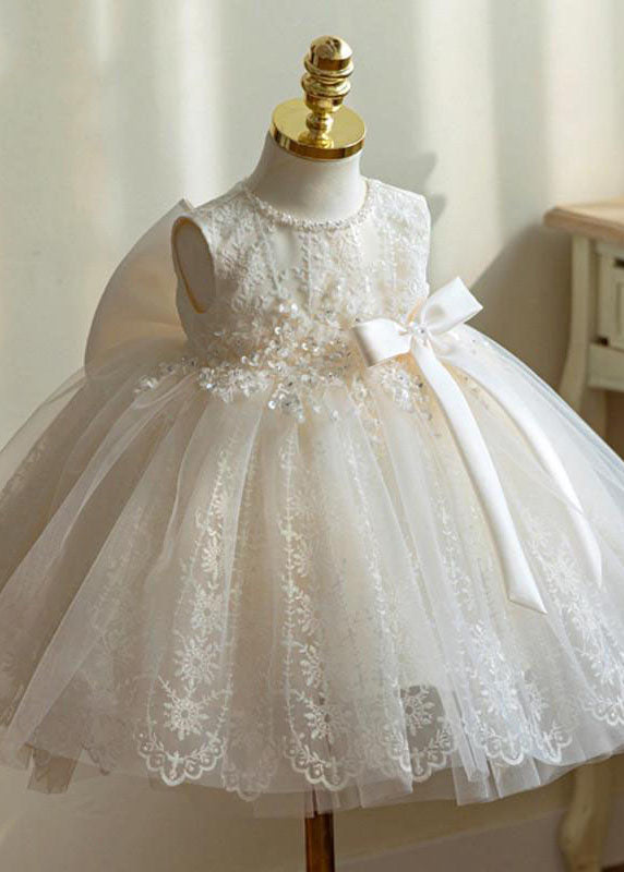 White Nail Bead Embroideried Tulle Long Dress Sleeveless Ys016