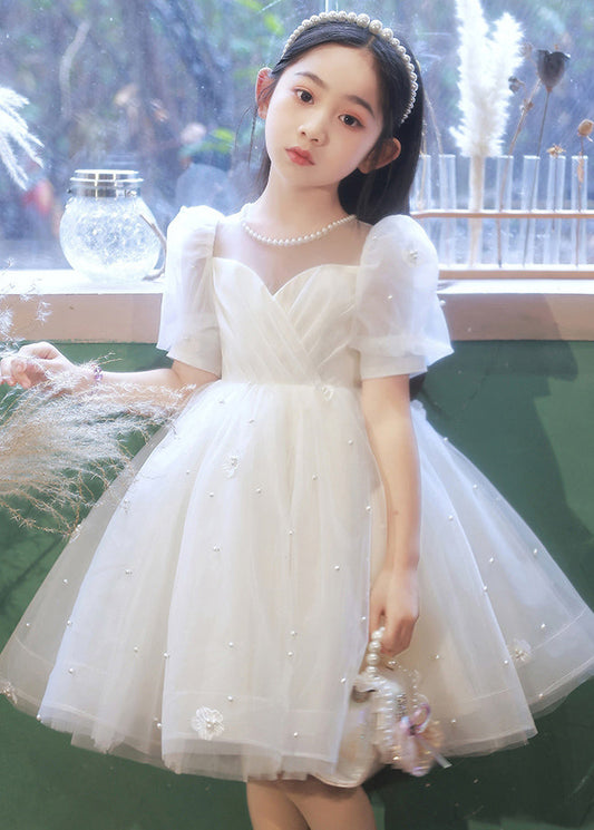 White Nail Bead Tulle Kids Long Dresses Summer Qv013