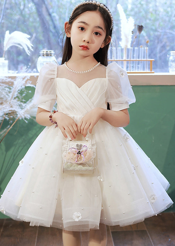 White Nail Bead Tulle Kids Long Dresses Summer Qv013