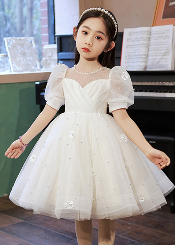 White Nail Bead Tulle Kids Long Dresses Summer Qv013