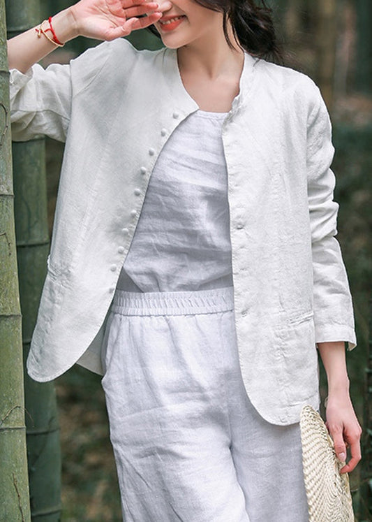 White O-neck Button Coats Long Sleeve Uu030