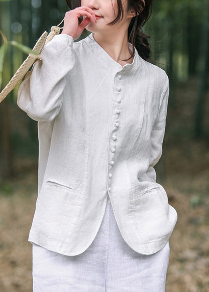 White O-neck Button Coats Long Sleeve Uu030