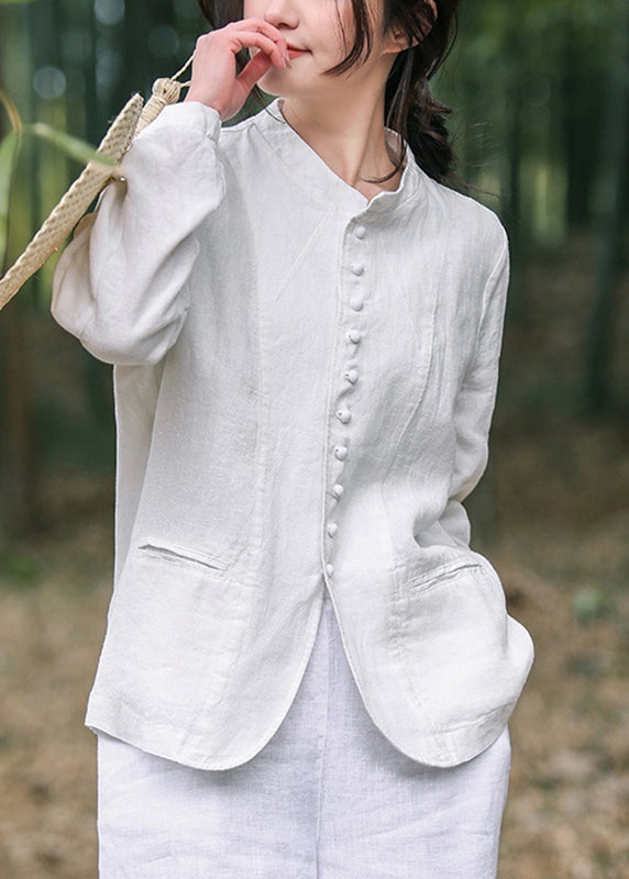 White O-neck Button Coats Long Sleeve Uu030