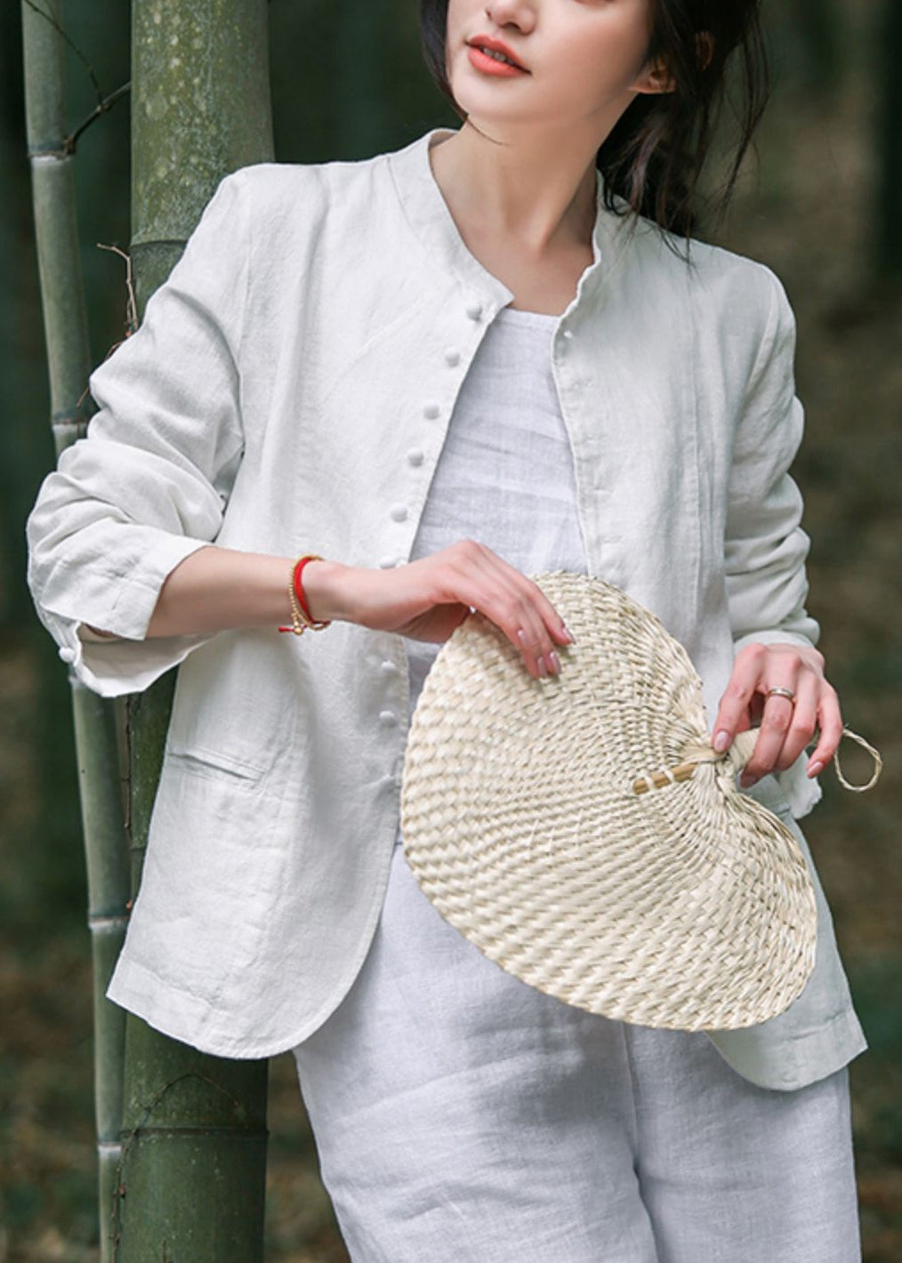White O-neck Button Coats Long Sleeve Uu030