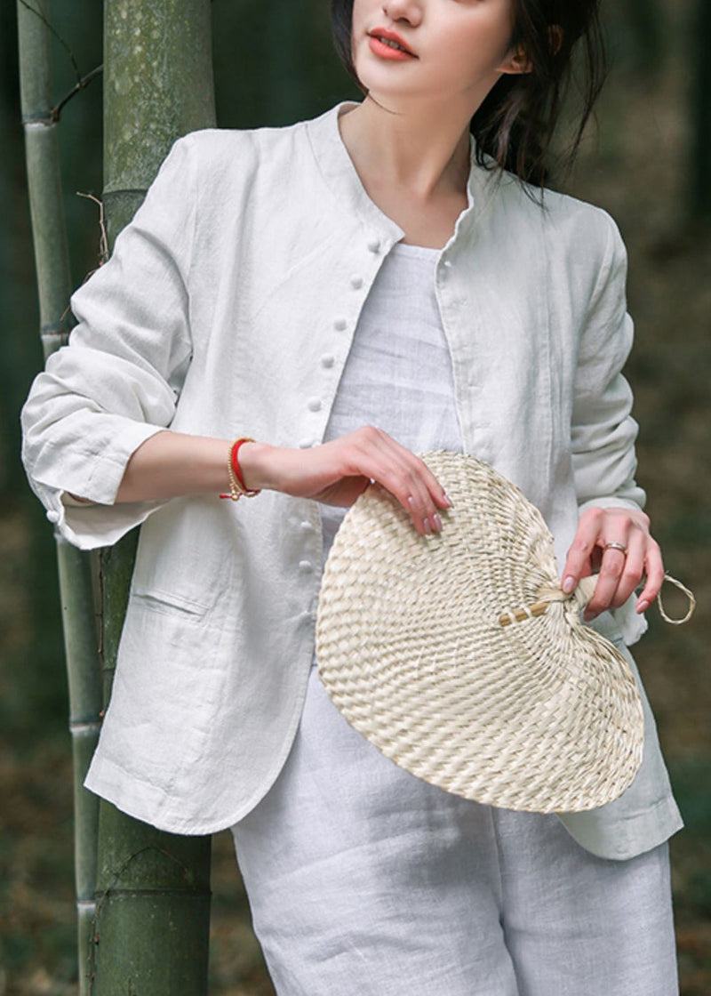 White O-neck Button Coats Long Sleeve Uu030