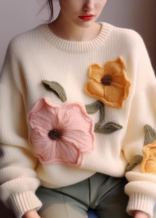White O Neck Knit Sweater Tops Fall Wo030