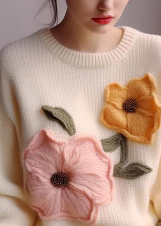 White O Neck Knit Sweater Tops Fall Wo030