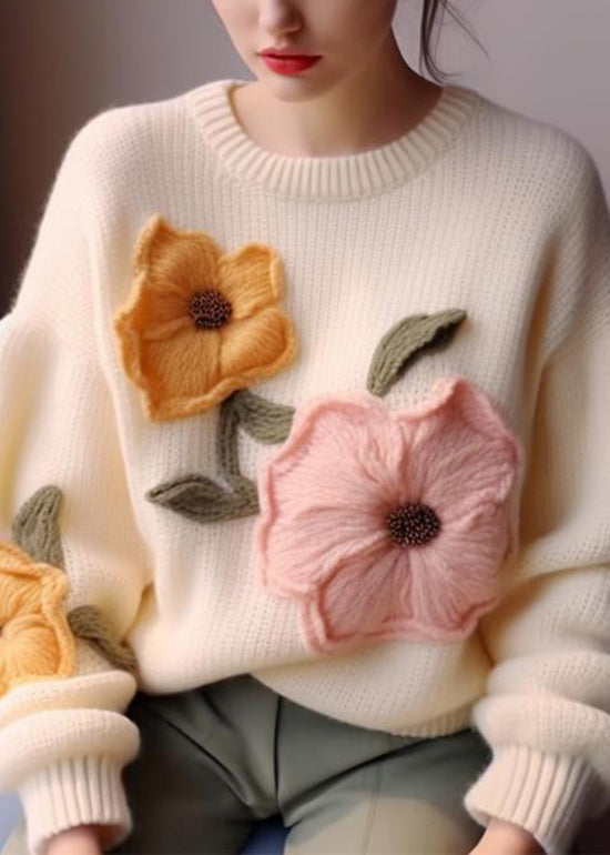 White O Neck Knit Sweater Tops Fall Wo030
