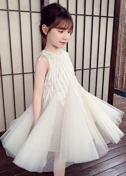 White O-neck Nail Bead Tulle Kids Long Dress Sleeveless Ew012