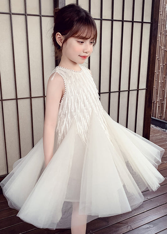 White O-neck Nail Bead Tulle Kids Long Dress Sleeveless Ew012