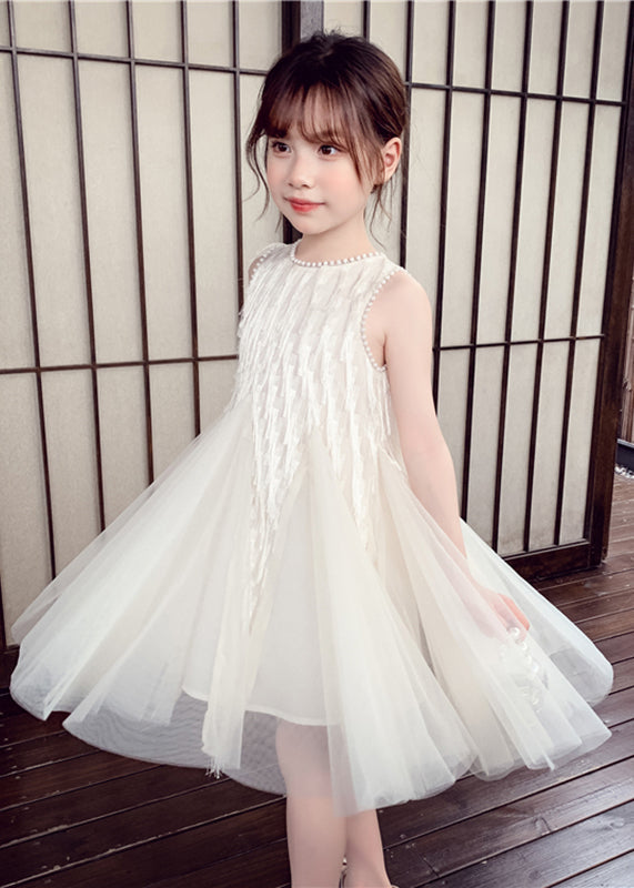White O-neck Nail Bead Tulle Kids Long Dress Sleeveless Ew012