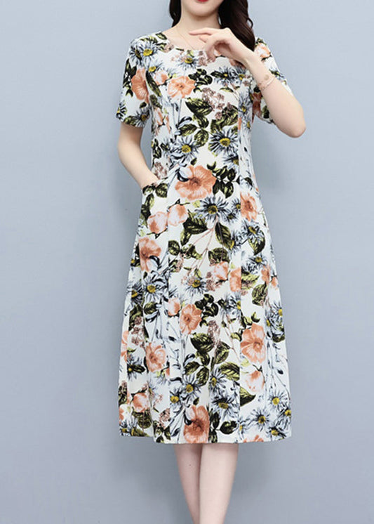 White O-neck Print Slim Silk Vacation Maxi Dresses Summer Lc0052