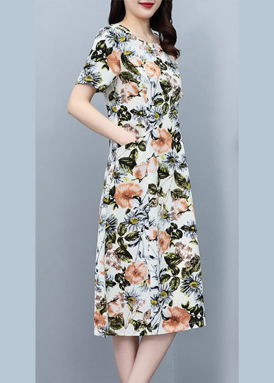 White O-neck Print Slim Silk Vacation Maxi Dresses Summer Lc0052