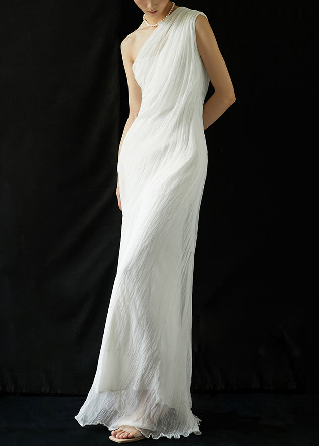 White One-shoulder Wrinkled Silk Long Dresses Summer Kk068