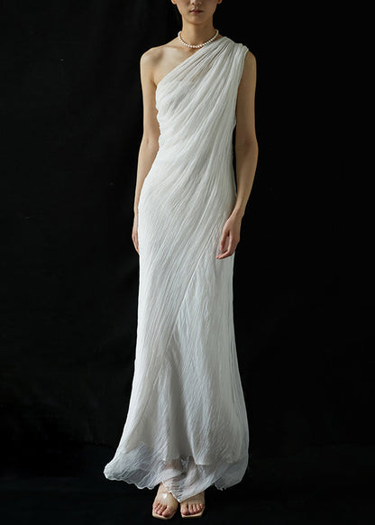White One-shoulder Wrinkled Silk Long Dresses Summer Kk068