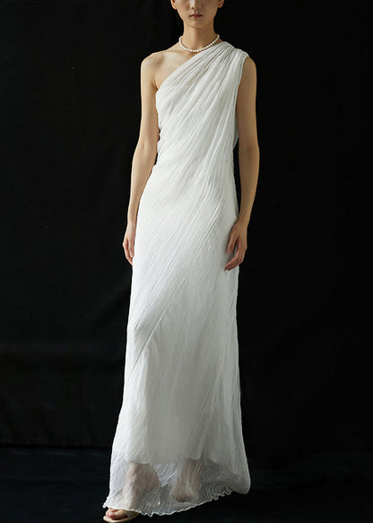 White One-shoulder Wrinkled Silk Long Dresses Summer Kk068