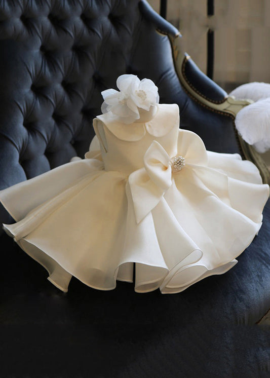 White Peter Pan Collar Bow Tulle Kids Long Dress Summer Ys019