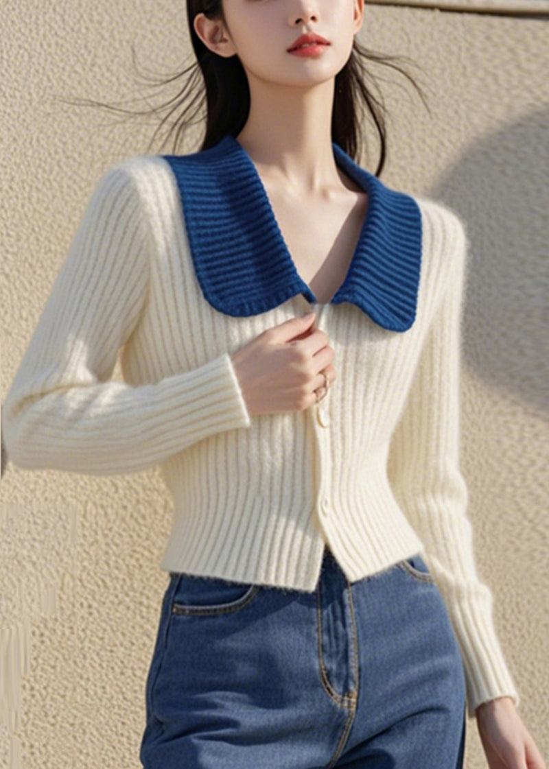 White Peter Pan Collar Button Cotton Knit Cardigan Spring To034