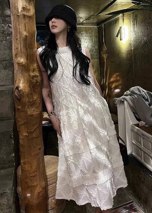 White Ruffled Cotton Long Dress Sleeveless Kk029
