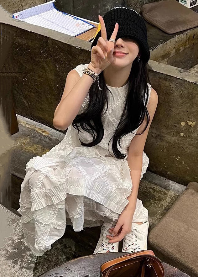 White Ruffled Cotton Long Dress Sleeveless Kk029