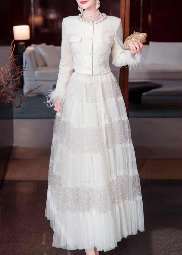 Two White Sequins Bead Tulle Maxi Coats and Skirt Nail