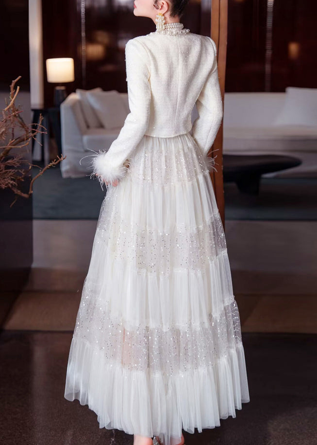 Two White Sequins Bead Tulle Maxi Coats and Skirt Nail