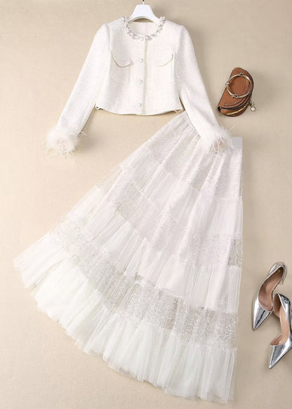 Two White Sequins Bead Tulle Maxi Coats and Skirt Nail