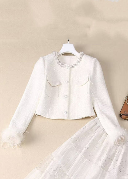 Two White Sequins Bead Tulle Maxi Coats and Skirt Nail