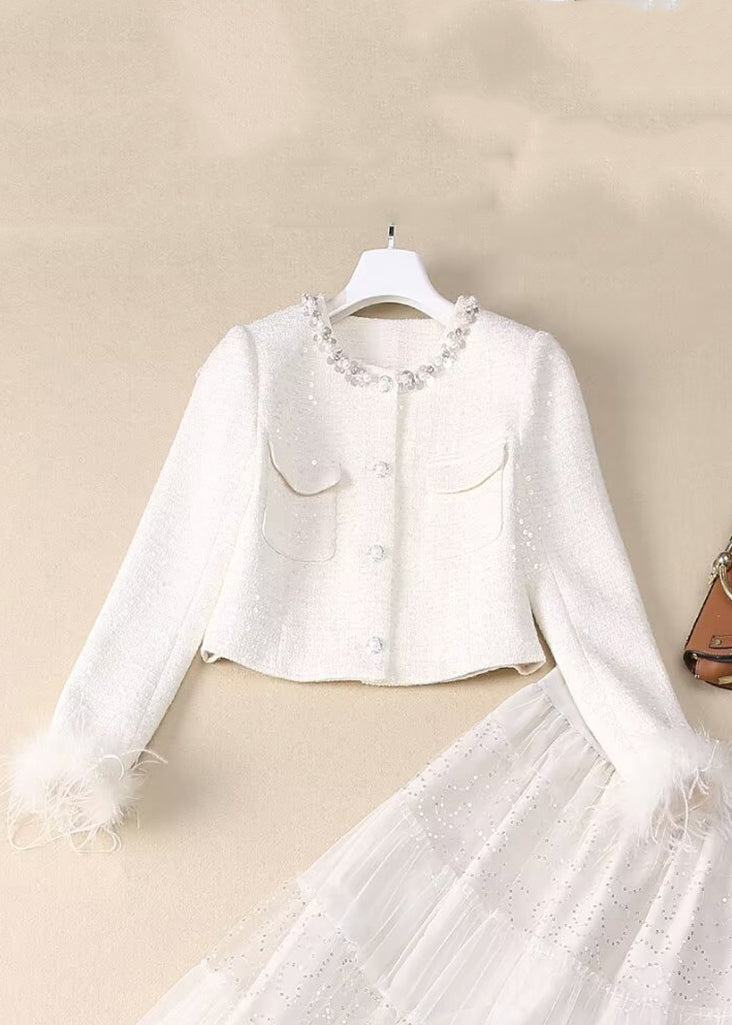 Two White Sequins Bead Tulle Maxi Coats and Skirt Nail