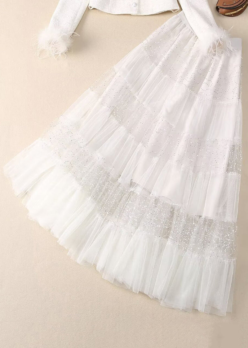 Two White Sequins Bead Tulle Maxi Coats and Skirt Nail