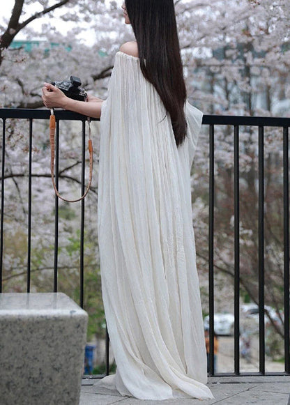White Slash Neck Wrinkled Cotton Maxi Dress Sleeveless Kk086