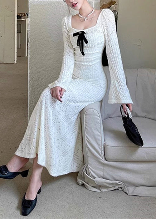 White Square Collar Hollow Out Cotton Long Dresses Spring Yt037