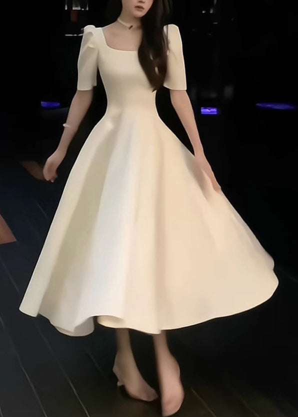 White Square Collar Cotton Long Dress Summer Xx016