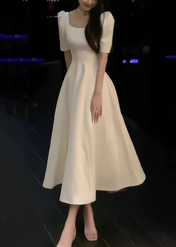 White Square Collar Cotton Long Dress Summer Xx016