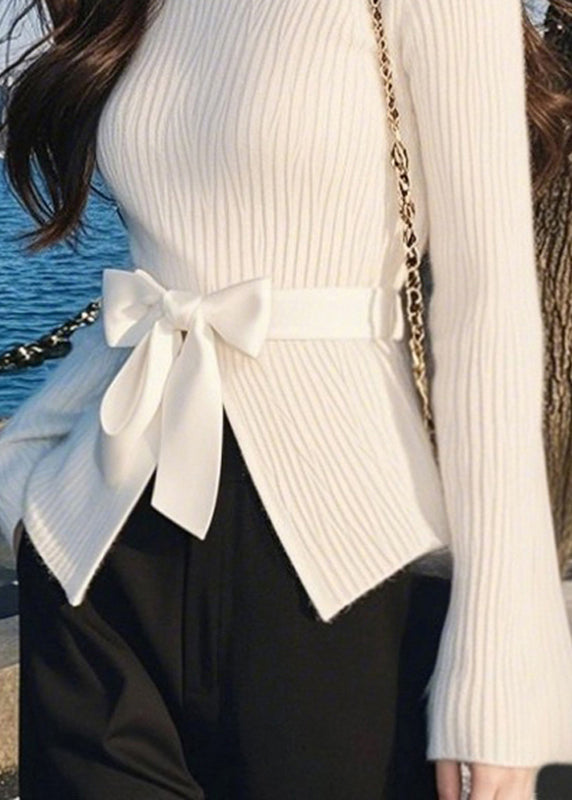 White Turtleneck Bow Cotton Knit Sweater Spring To023