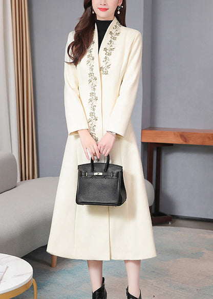 White V Neck Woolen Long Trench Coats Spring Ly1713