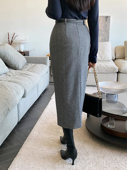 Striped Faux Wool Belted High Waist A-line Skirt