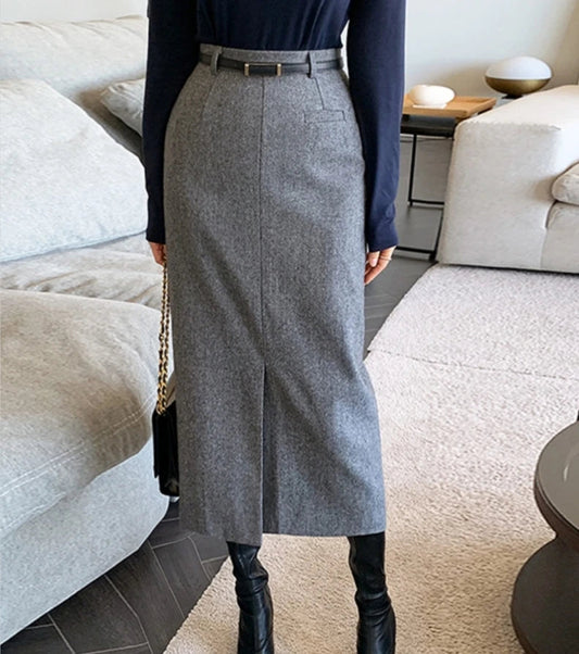 Striped Faux Wool Belted High Waist A-line Skirt