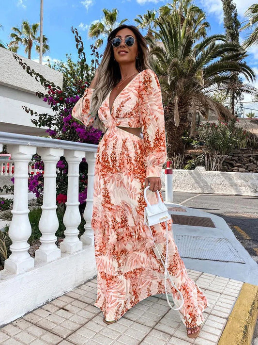 V-neck Print Long Sleeve Maxi Dress
