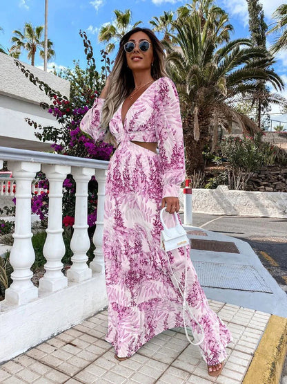 V-neck Print Long Sleeve Maxi Dress