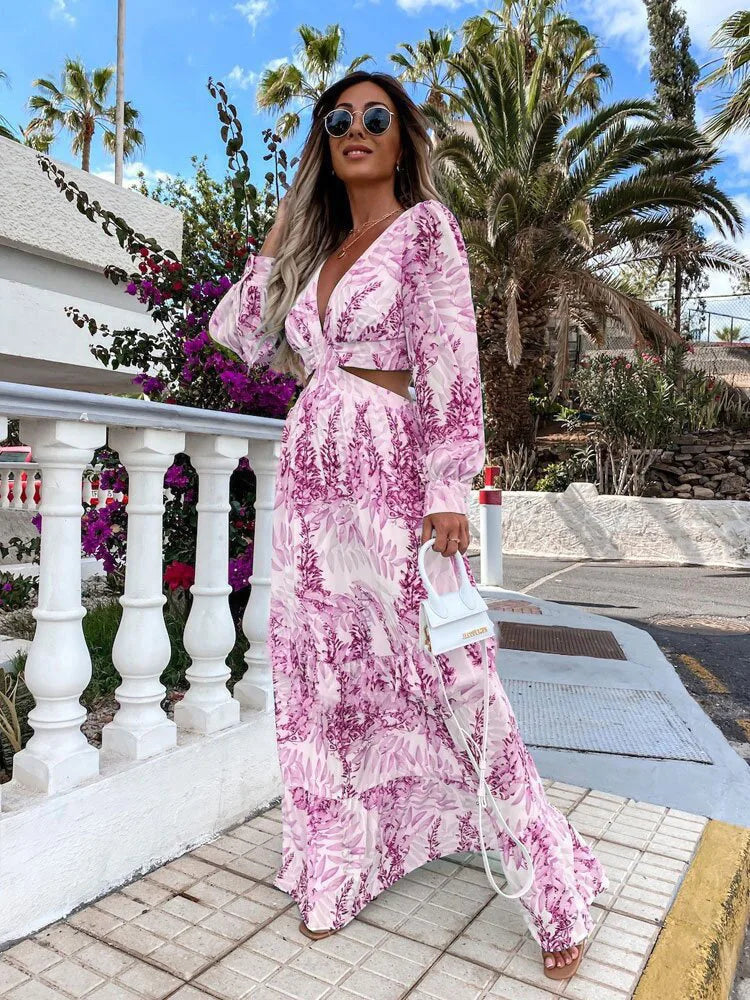 V-neck Print Long Sleeve Maxi Dress
