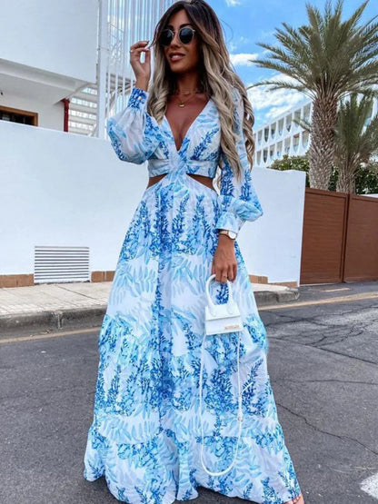 V-neck Print Long Sleeve Maxi Dress