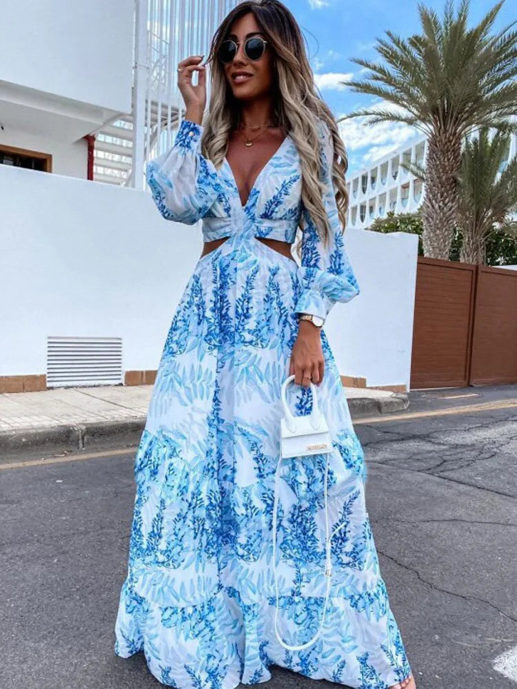 V-neck Print Long Sleeve Maxi Dress