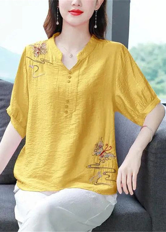 Yellow Embroidered Cotton Blouse Summer Jh021