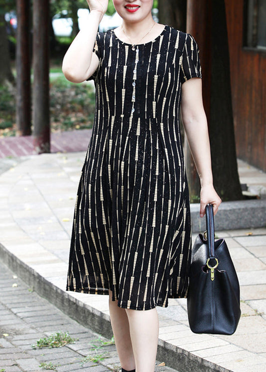 Yellow O-neck Striped Long Dress Short Sleeve Vb1001