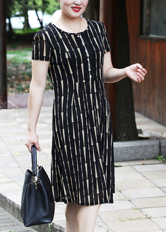 Yellow O-neck Striped Long Dress Short Sleeve Vb1001